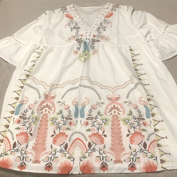 NWT. Shein 70s-inspired bohemian chic dress. White with gorgeous flowers. 3x. - Picture 6 of 7